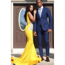 Yellow Sleeveless Mermaid Evening Prom Dresses Lace Appliques
