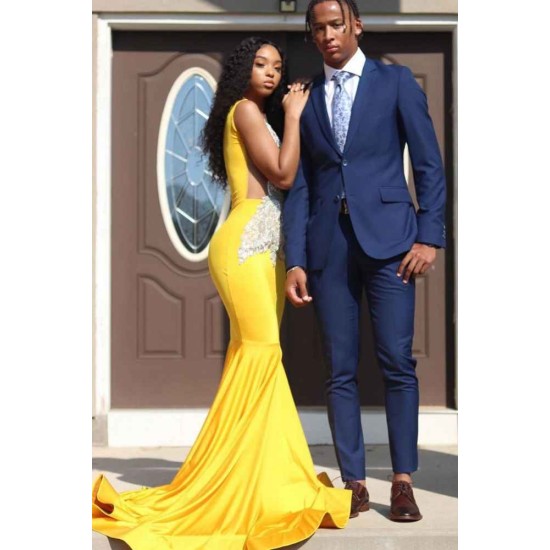 Yellow Sleeveless Mermaid Evening Prom Dresses Lace Appliques