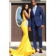 Yellow Sleeveless Mermaid Evening Prom Dresses Lace Appliques