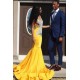 Yellow Sleeveless Mermaid Evening Prom Dresses Lace Appliques