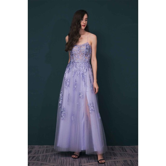 Lavender Spaghetti Strap Lace Appliques High split Prom Dress