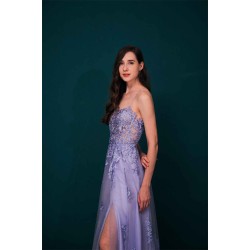 Lavender Spaghetti Strap Lace Appliques High split Prom Dress