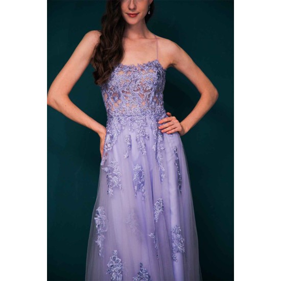 Lavender Spaghetti Strap Lace Appliques High split Prom Dress
