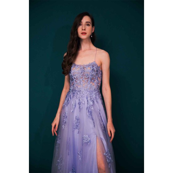 Lavender Spaghetti Strap Lace Appliques High split Prom Dress
