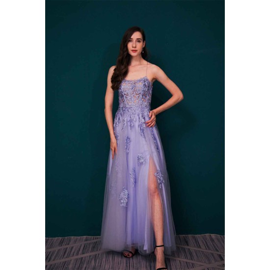 Lavender Spaghetti Strap Lace Appliques High split Prom Dress