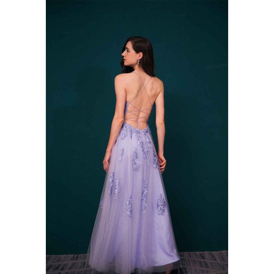 Lavender Spaghetti Strap Lace Appliques High split Prom Dress