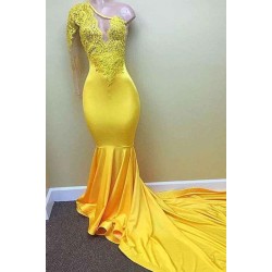 Yellow one shoulder mermaid prom dress, lace evening dresses