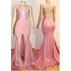 Elegant Pink Prom Party Gowns| Backless Lace Evening Gown With Slit
