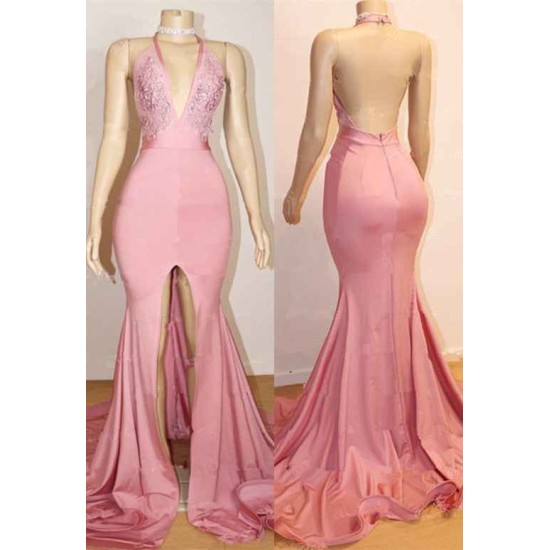 Elegant Pink Prom Party Gowns| Backless Lace Evening Gown With Slit
