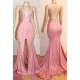Elegant Pink Prom Party Gowns| Backless Lace Evening Gown With Slit