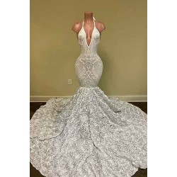 Sexy Hater Deep V-Neck Backless Ivory Prom Dress with Flowers Bottom