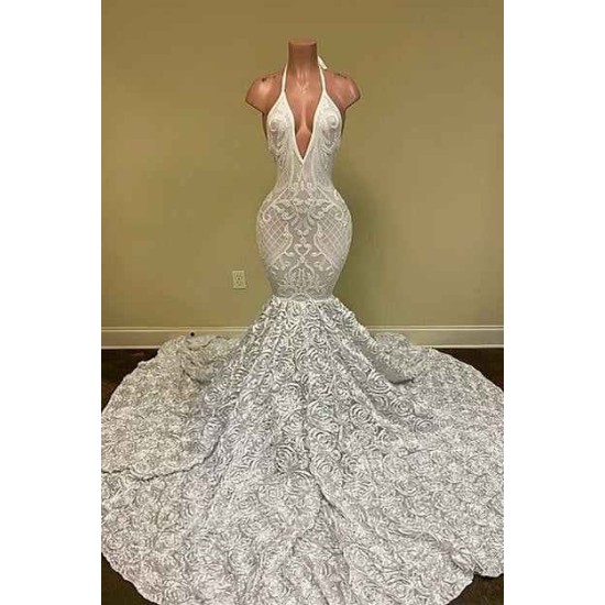 Sexy Hater Deep V-Neck Backless Ivory Prom Dress with Flowers Bottom