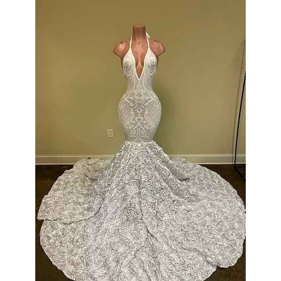 Sexy Hater Deep V-Neck Backless Ivory Prom Dress with Flowers Bottom