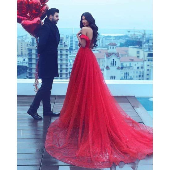Romantic Off-the-Shoulder A-line Evening Maxi Gown Tulle Formal Party Dress