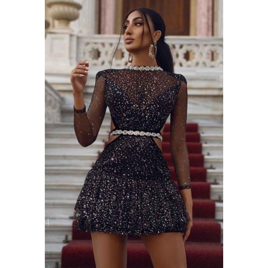 Charming Sequins Mini Dress Cocktail Party Dress Long Sleeves Homecoming Dress