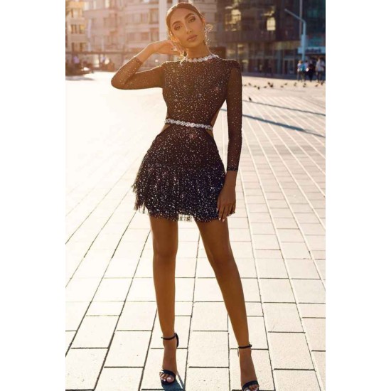 Charming Sequins Mini Dress Cocktail Party Dress Long Sleeves Homecoming Dress