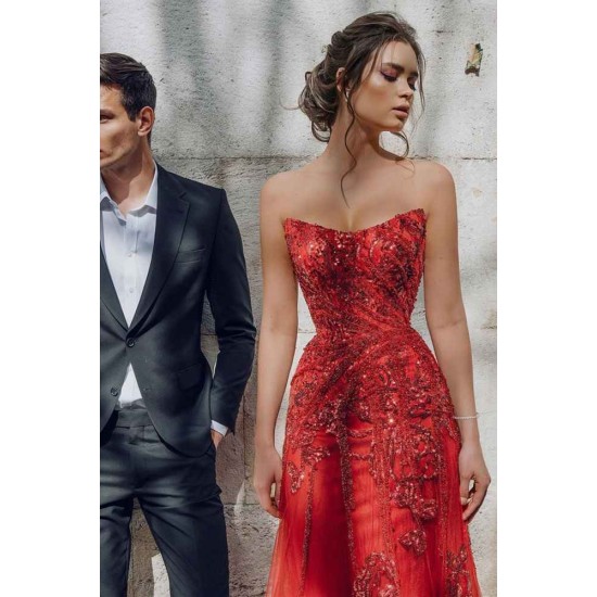 Sweetheart Floral Partten Evening Gown Floor Length Tulle Party Dress