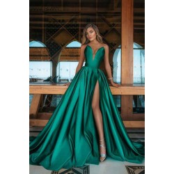 Deep Double V-neck Evening Maxi Dress Satin Front Split Party Gowns