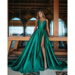 Deep Double V-neck Evening Maxi Dress Satin Front Split Party Gowns