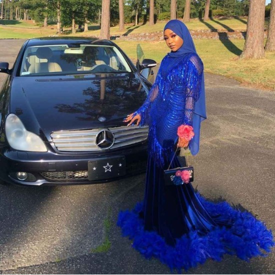 Royal Blue Sequined Mermaid Evening Gown Sweep Train