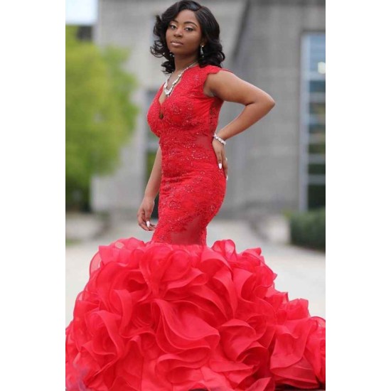Red Sleeveless Mermaid Ruffy Train Evening Maxi Gown for Women