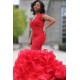 Red Sleeveless Mermaid Ruffy Train Evening Maxi Gown for Women