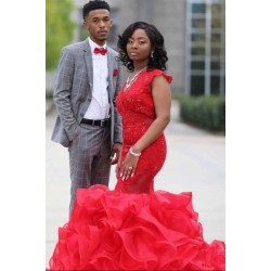 Red Sleeveless Mermaid Ruffy Train Evening Maxi Gown for Women