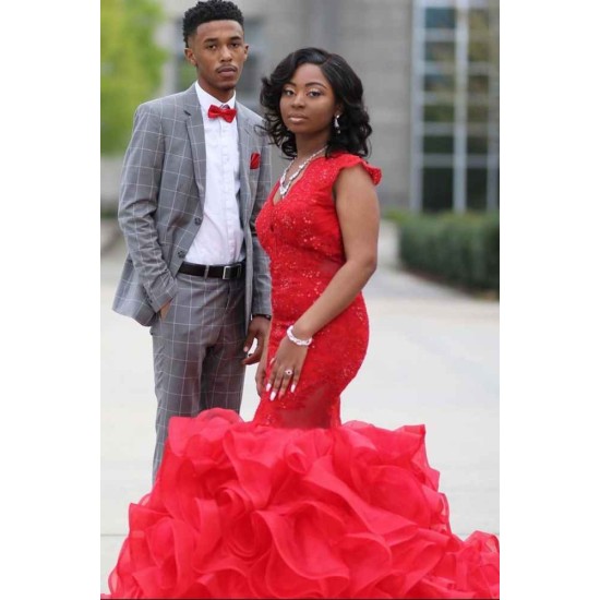 Red Sleeveless Mermaid Ruffy Train Evening Maxi Gown for Women