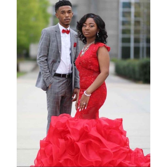Red Sleeveless Mermaid Ruffy Train Evening Maxi Gown for Women