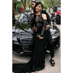 Wholesale Black Fit and Flare Prom Dresses On Sale Appliques Beading Evening Dress with Sleeves