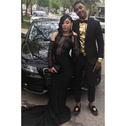 Wholesale Black Fit and Flare Prom Dresses On Sale Appliques Beading Evening Dress with Sleeves
