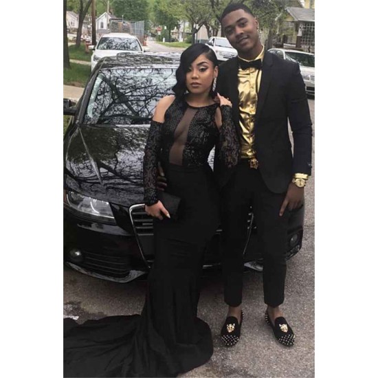 Wholesale Black Fit and Flare Prom Dresses On Sale Appliques Beading Evening Dress with Sleeves