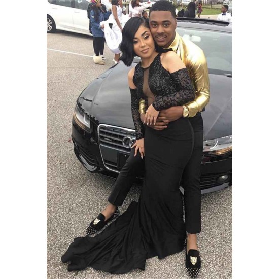 Wholesale Black Fit and Flare Prom Dresses On Sale Appliques Beading Evening Dress with Sleeves