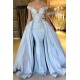 Elegant Sky Blue Mermaid Off-the-Shoulder Prom Dresses Sweetheart Discount Overskirt Evening Dresses On Sale