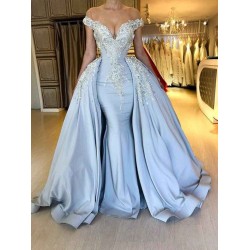 Elegant Sky Blue Mermaid Off-the-Shoulder Prom Dresses Sweetheart Discount Overskirt Evening Dresses On Sale