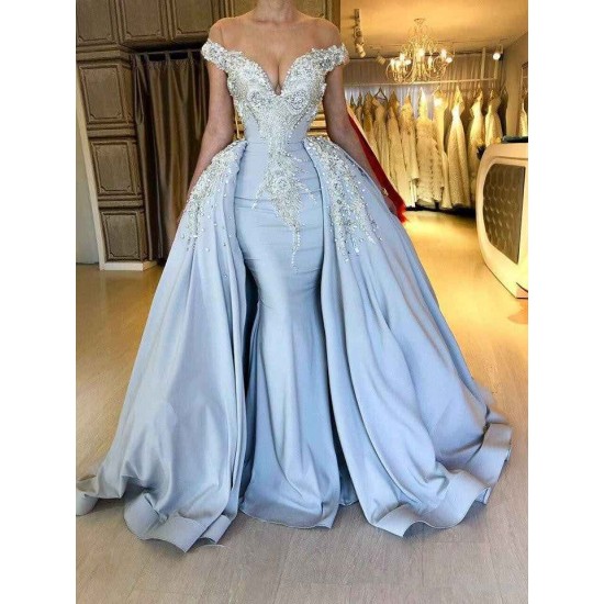 Elegant Sky Blue Mermaid Off-the-Shoulder Prom Dresses Sweetheart Discount Overskirt Evening Dresses On Sale