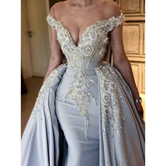 Elegant Sky Blue Mermaid Off-the-Shoulder Prom Dresses Sweetheart Discount Overskirt Evening Dresses On Sale