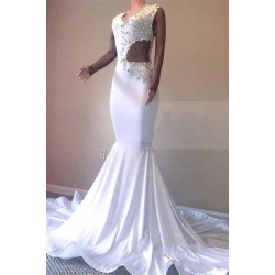 Crystal Beading White V-neck Sweep Train Mermaid Evening Gowns