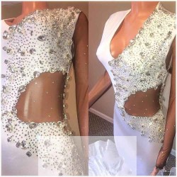 Crystal Beading White V-neck Sweep Train Mermaid Evening Gowns