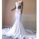 Crystal Beading White V-neck Sweep Train Mermaid Evening Gowns