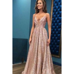Open Back Sleeveless Chic Sequins Simple Spaghetti Straps Evening Dresses