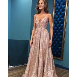 Open Back Sleeveless Chic Sequins Simple Spaghetti Straps Evening Dresses