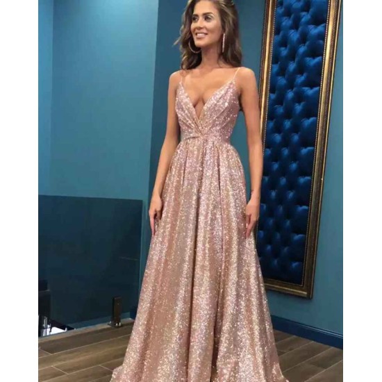 Open Back Sleeveless Chic Sequins Simple Spaghetti Straps Evening Dresses