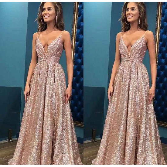 Open Back Sleeveless Chic Sequins Simple Spaghetti Straps Evening Dresses
