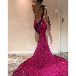Chic Mermaid Evening Dresses One Sleeve Open Back Pageant Dress