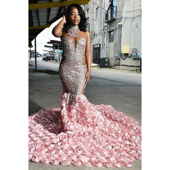 Halter 3D Floral Print Mermaid Sweep Train Evening Gowns