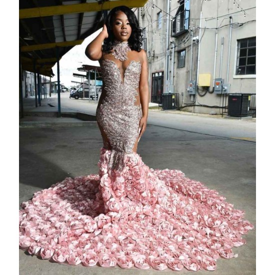 Halter 3D Floral Print Mermaid Sweep Train Evening Gowns