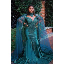 Gorgeous Mermaid Evening Gowns Long Sleeves Appliques Floor Length Cape