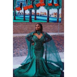 Gorgeous Mermaid Evening Gowns Long Sleeves Appliques Floor Length Cape