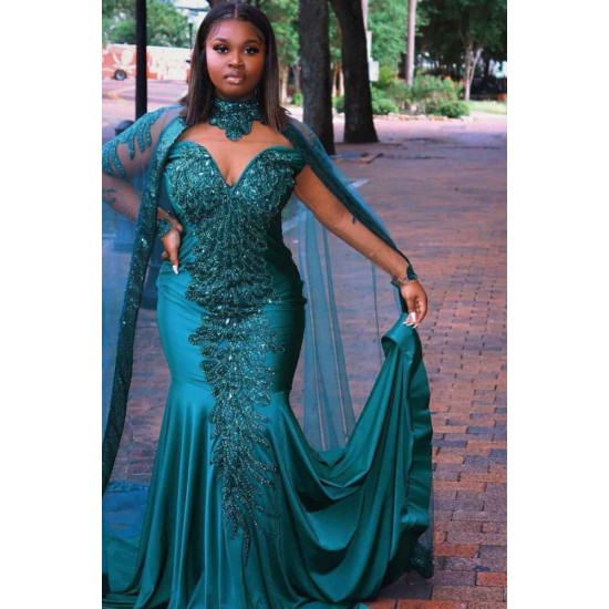 Gorgeous Mermaid Evening Gowns Long Sleeves Appliques Floor Length Cape